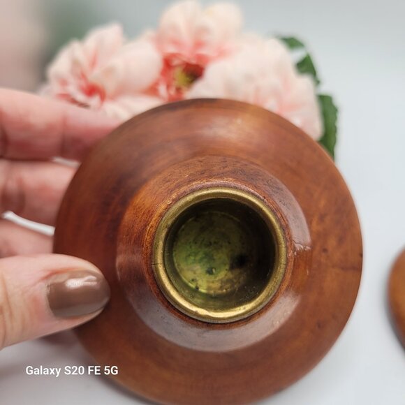 Vintage Pair Wood Turned Candleholders MCM Small Candlesticks - Picture 6 of 14